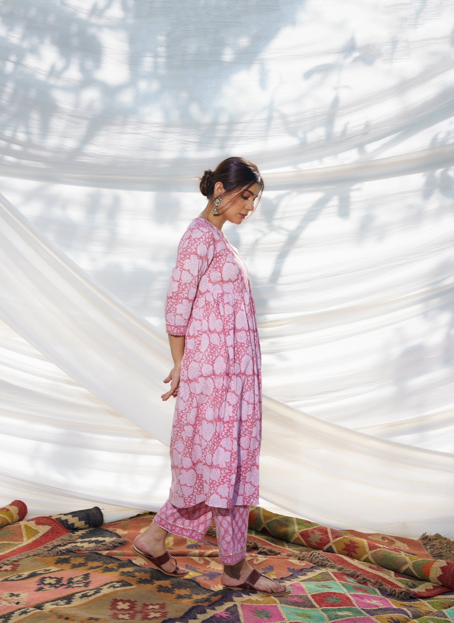 Nazakat Pink Cotton Block Print Kurta Set