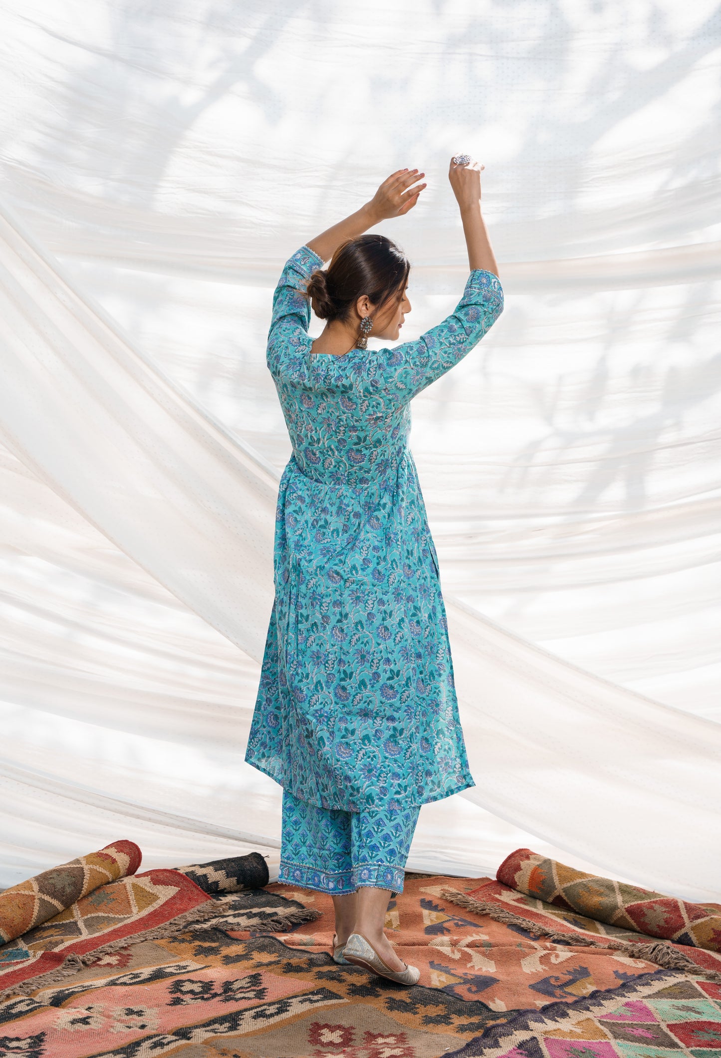 Nazakat Turquoise Cotton Block Print Kurta Set