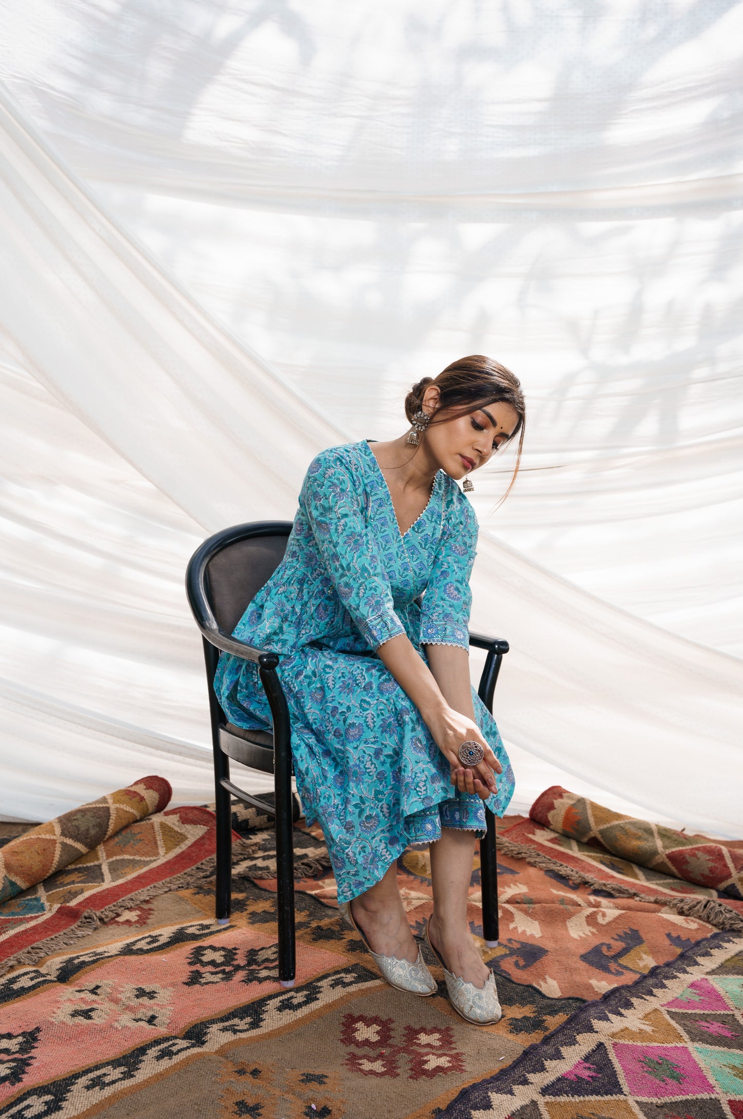 Nazakat Turquoise Cotton Block Print Kurta Set