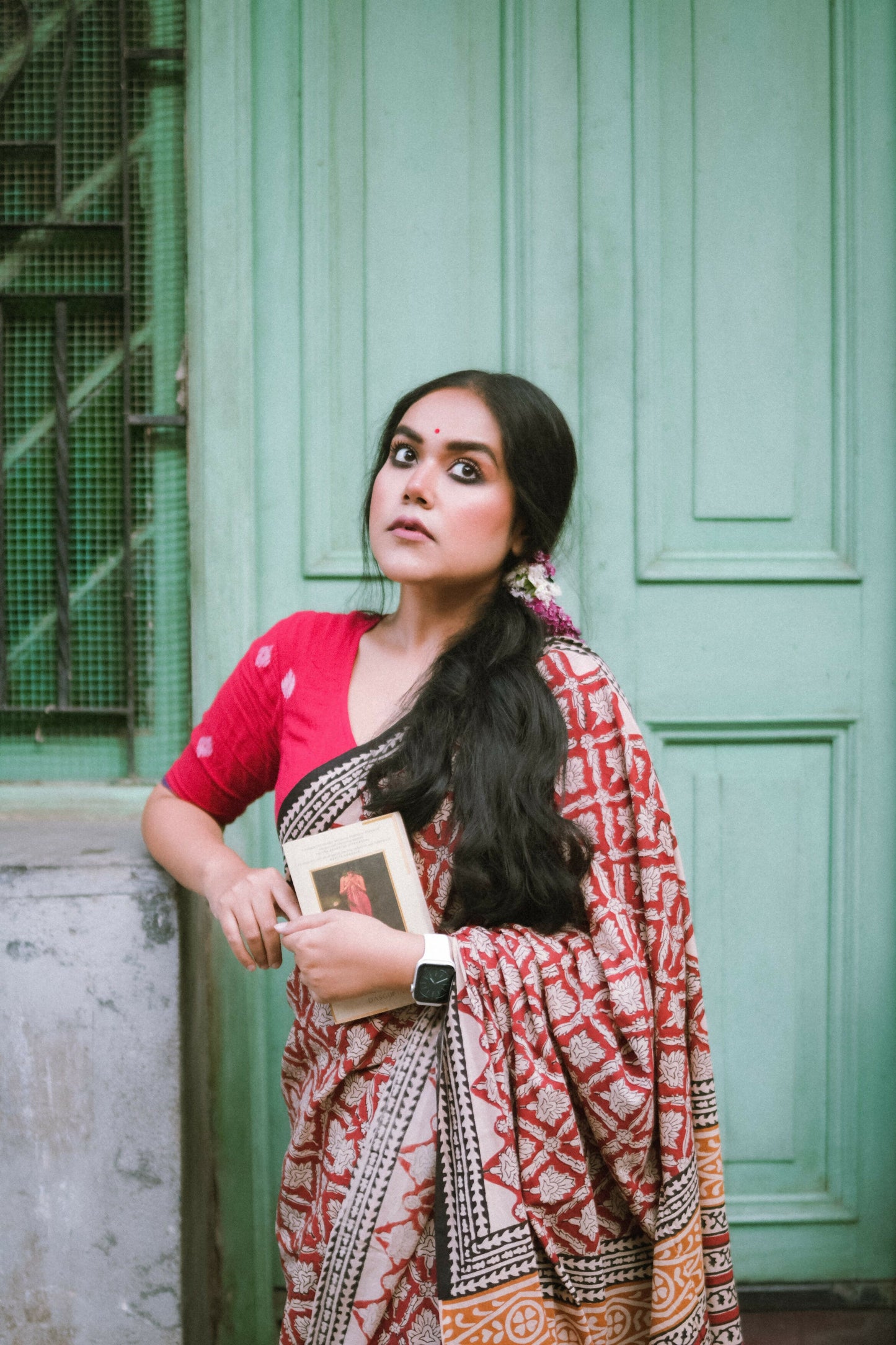 Brick Red Bagru Mul-Cotton Saree