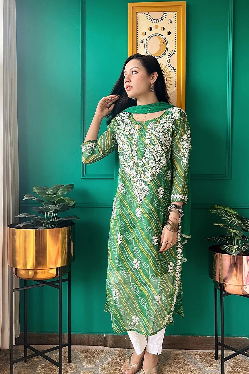 Ulfat Panna Green Bandhej-Chikan Kurta