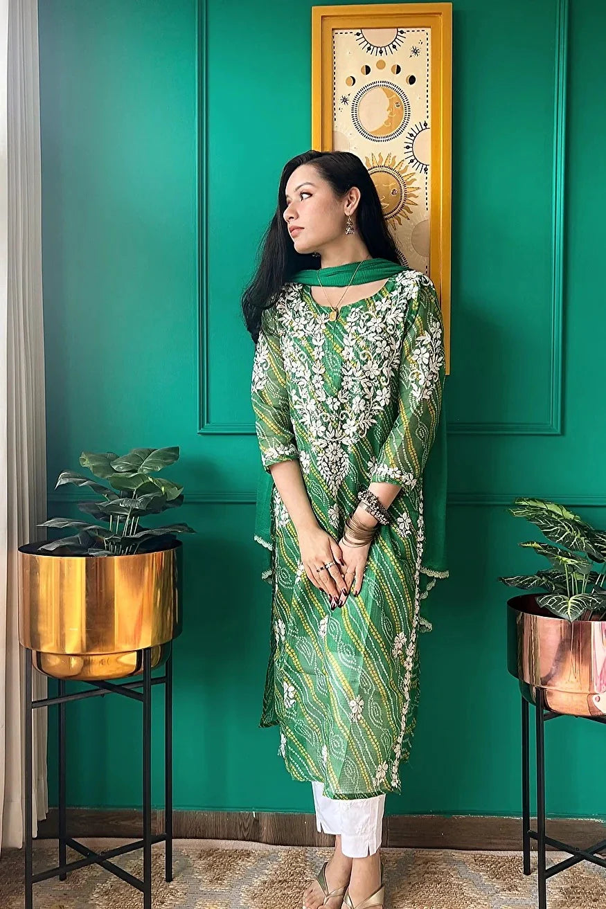 Ulfat Panna Green Bandhej-Chikan Kurta