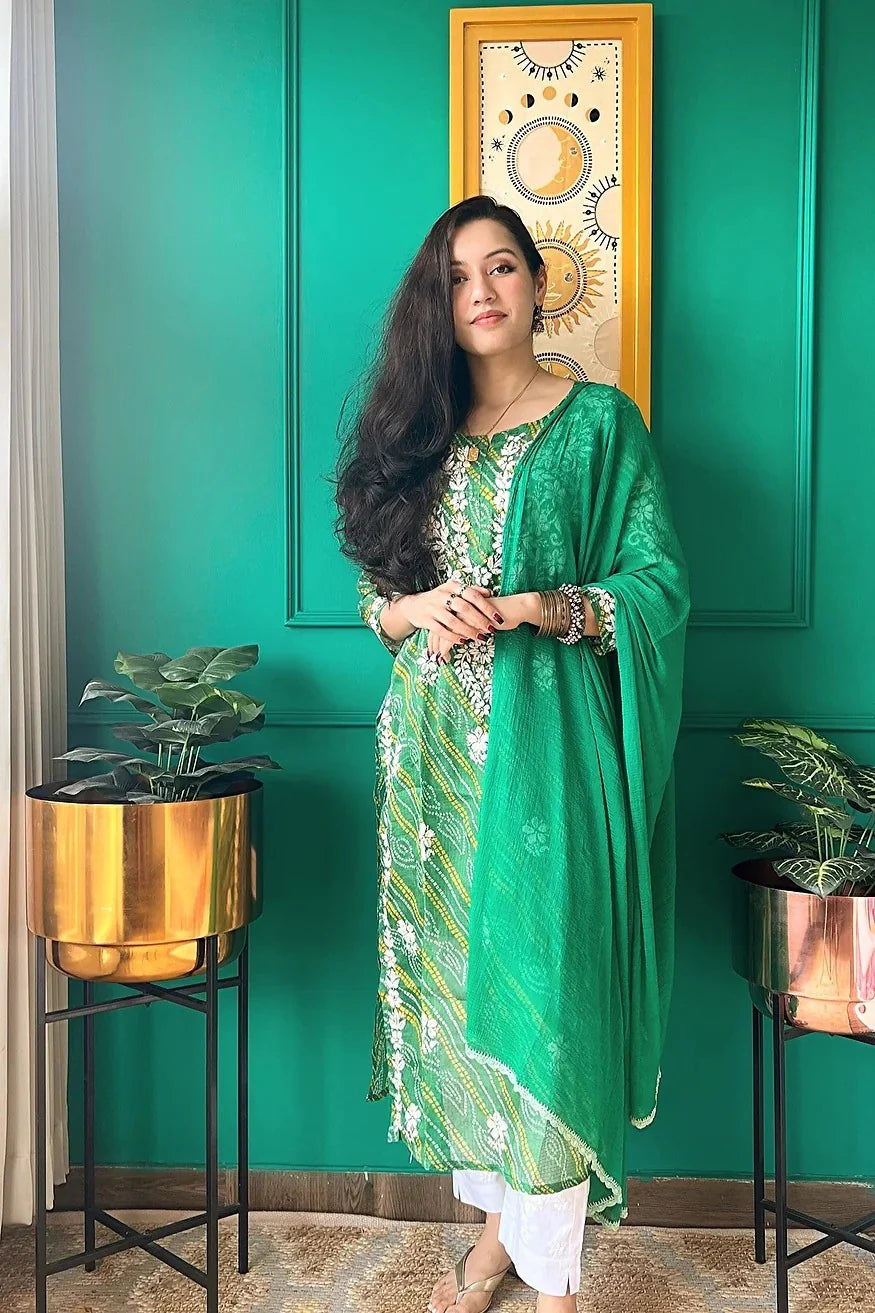Ulfat Panna Green Bandhej-Chikan Kurta