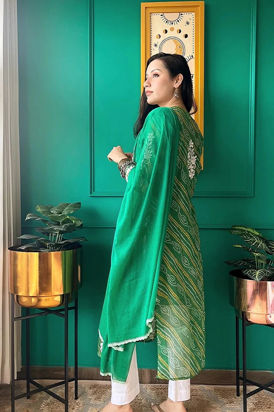 Ulfat Panna Green Bandhej-Chikan Kurta