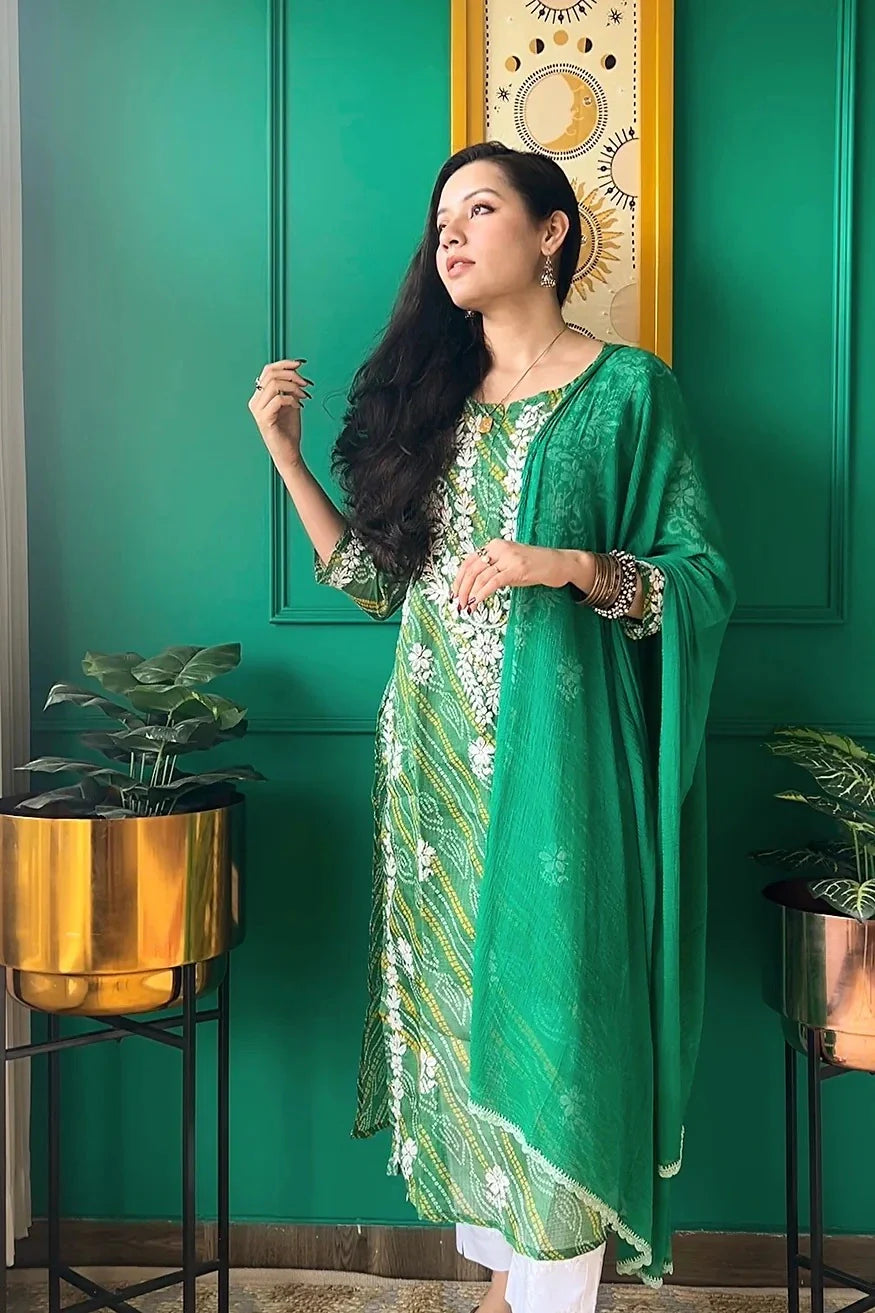 Ulfat Panna Green Bandhej-Chikan Kurta