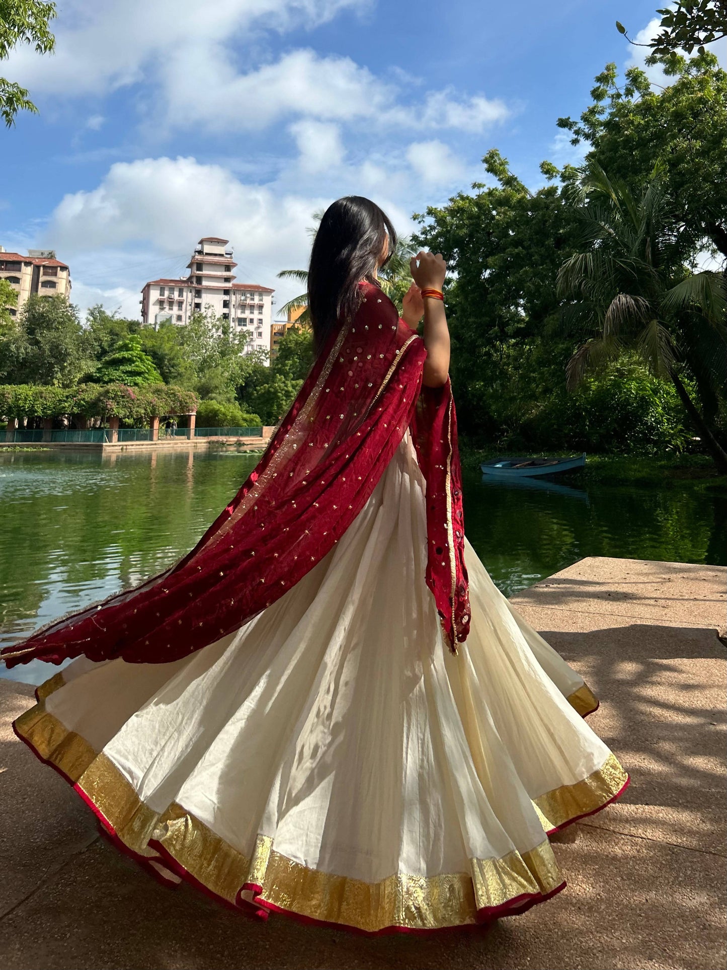 Maroon White Chiffon Cotton Mirror Work Lehenga