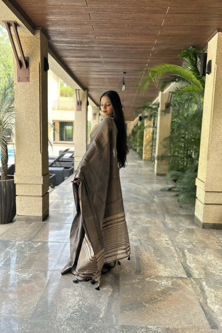 Cosmic Coal Linen Tissue Ready To Wear Pocket Saree