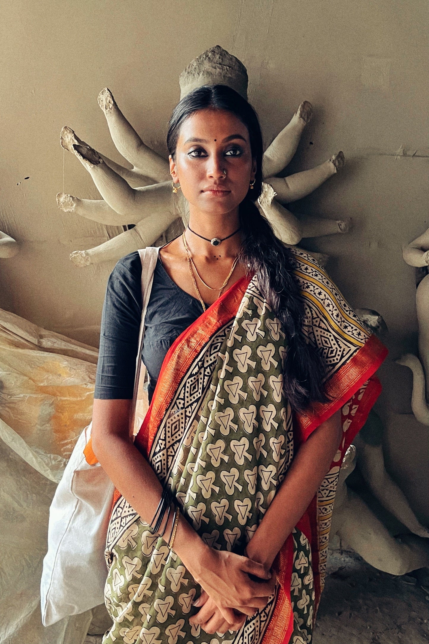 Green Chilli Bagru Natural Maheshwari Silk Saree