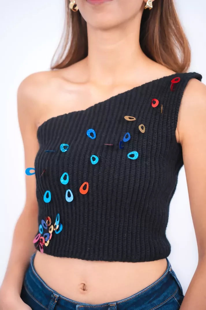 Scarlett Black One-Shoulder Crochet Top