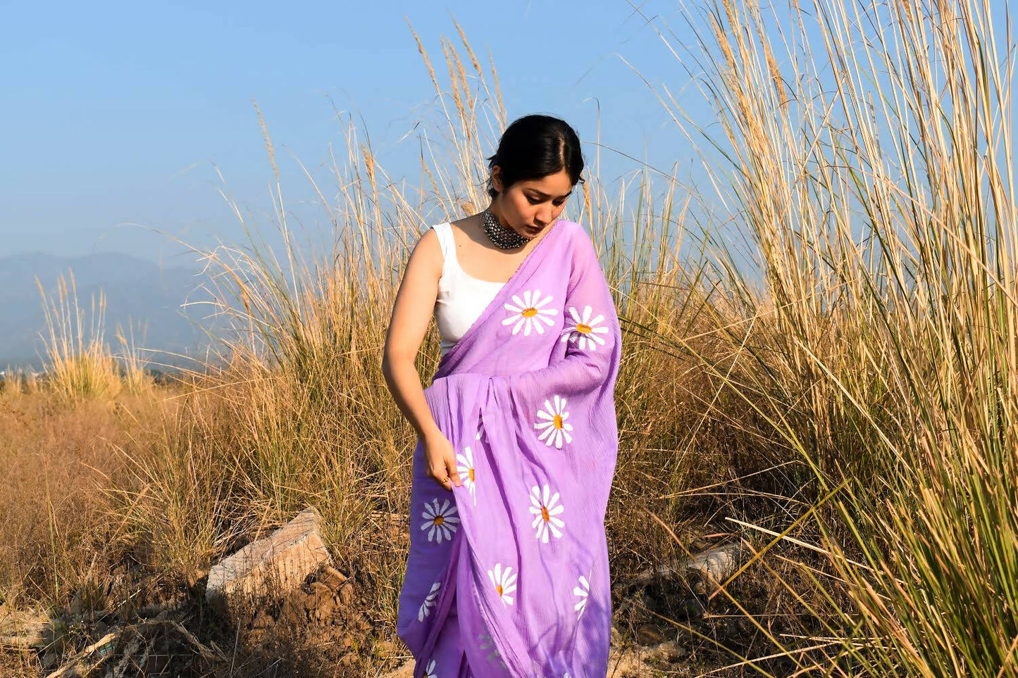Sora- Lavender Handpainted Chiffon Saree