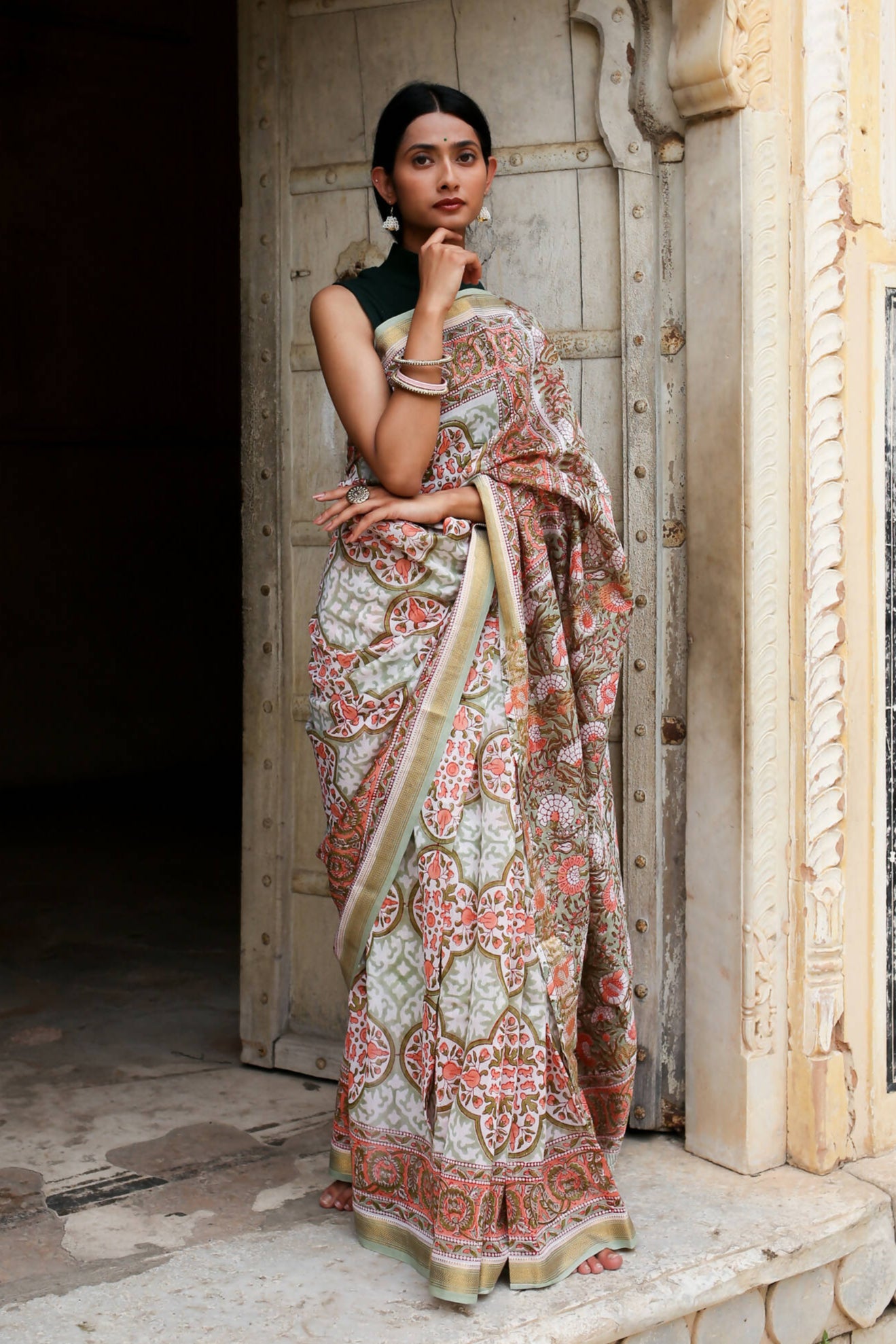 Garden of Symphony - Hand Block Print Maheshwari Silk Saree