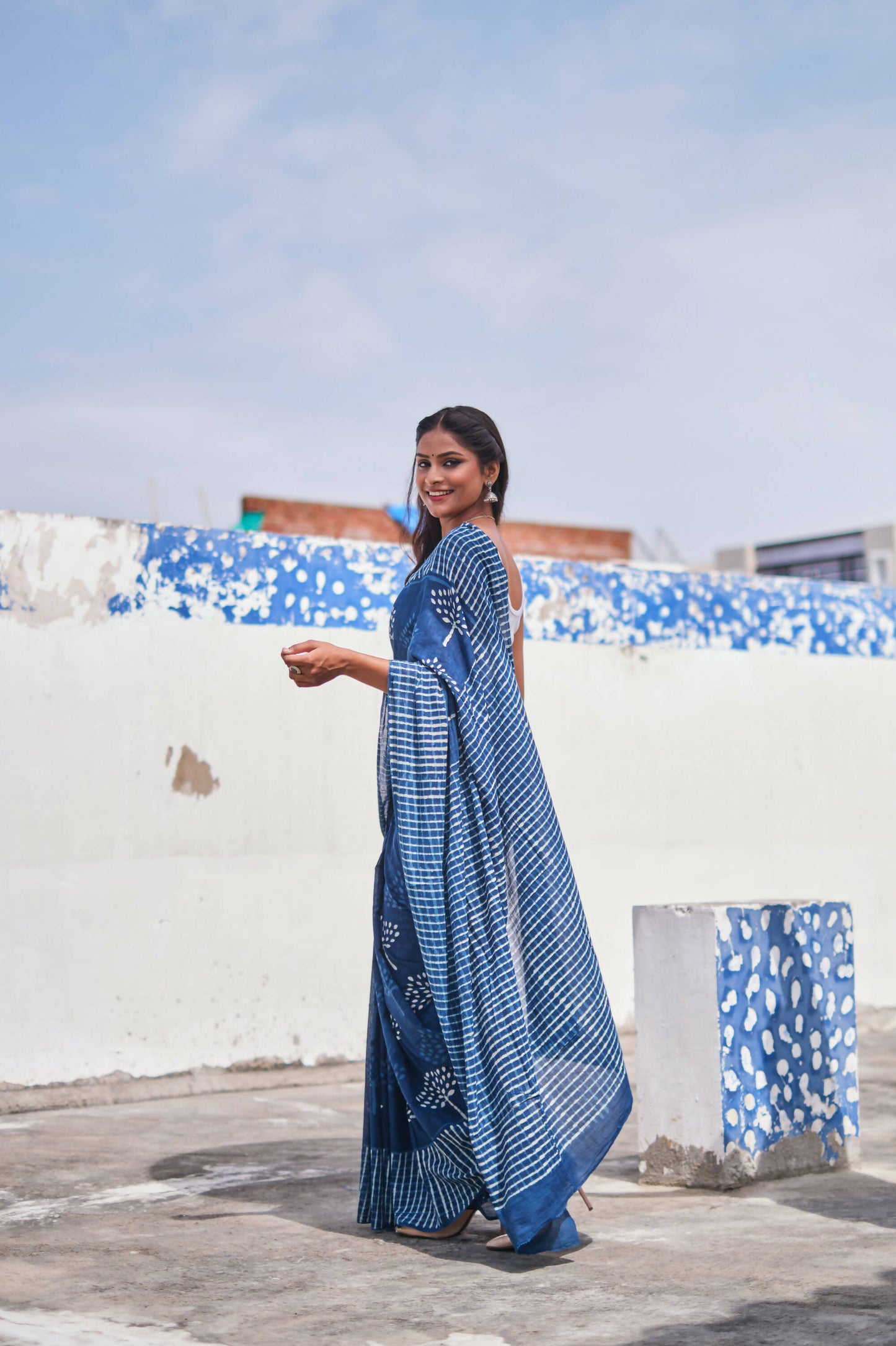 Indigo Spells - Dabu Hand Block Print Mulmul Cotton Bagru Saree