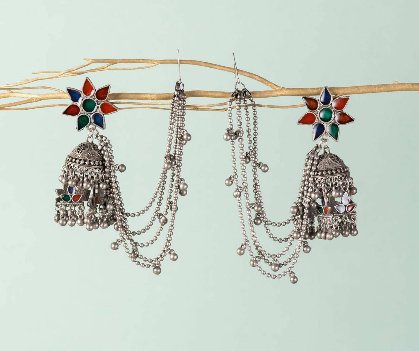 Iktara Silver Jhumkas With Kaanchain