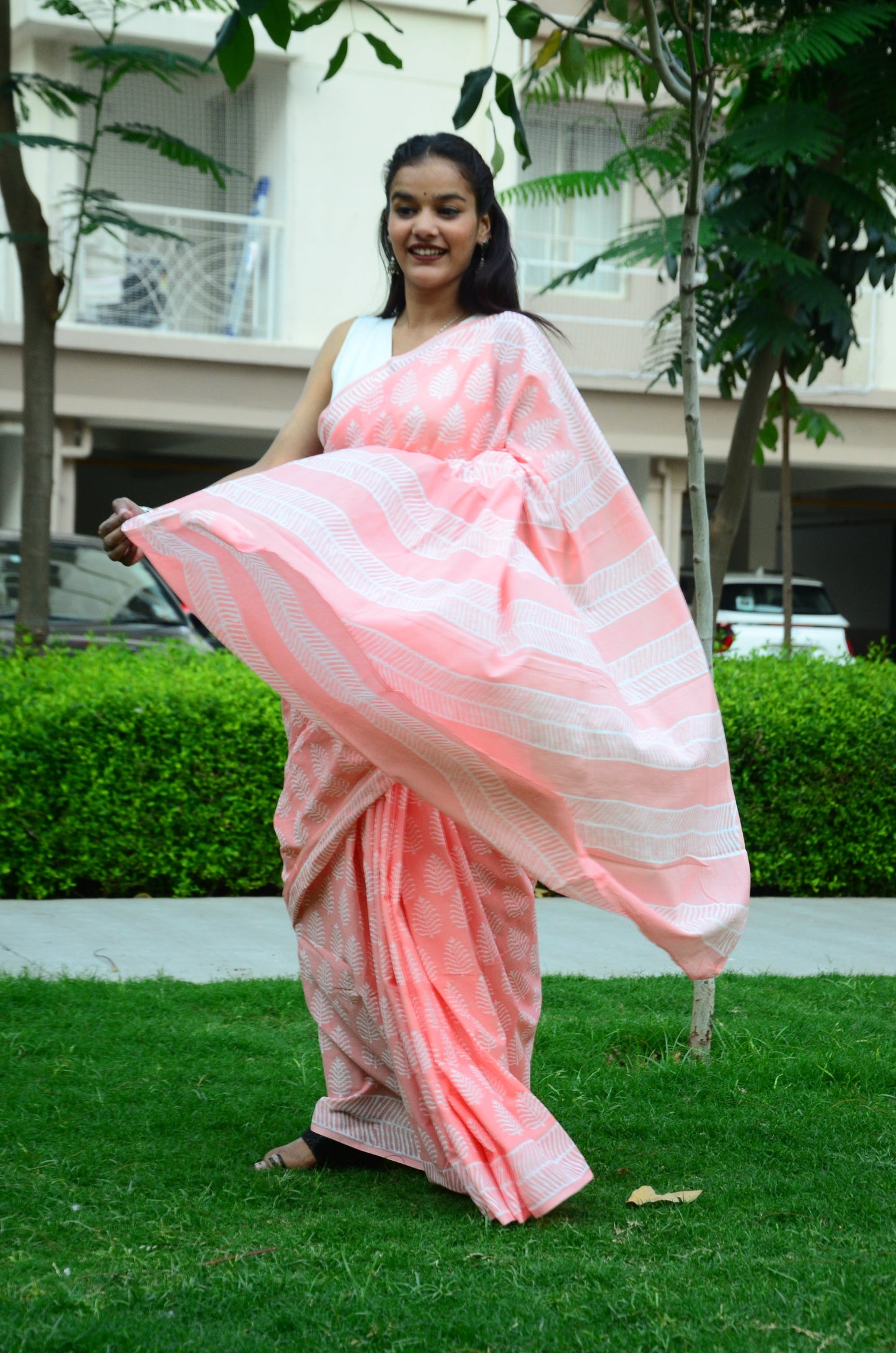 Peachy Affair Handblock Print Natural Dyed Mulmul Cotton Saree