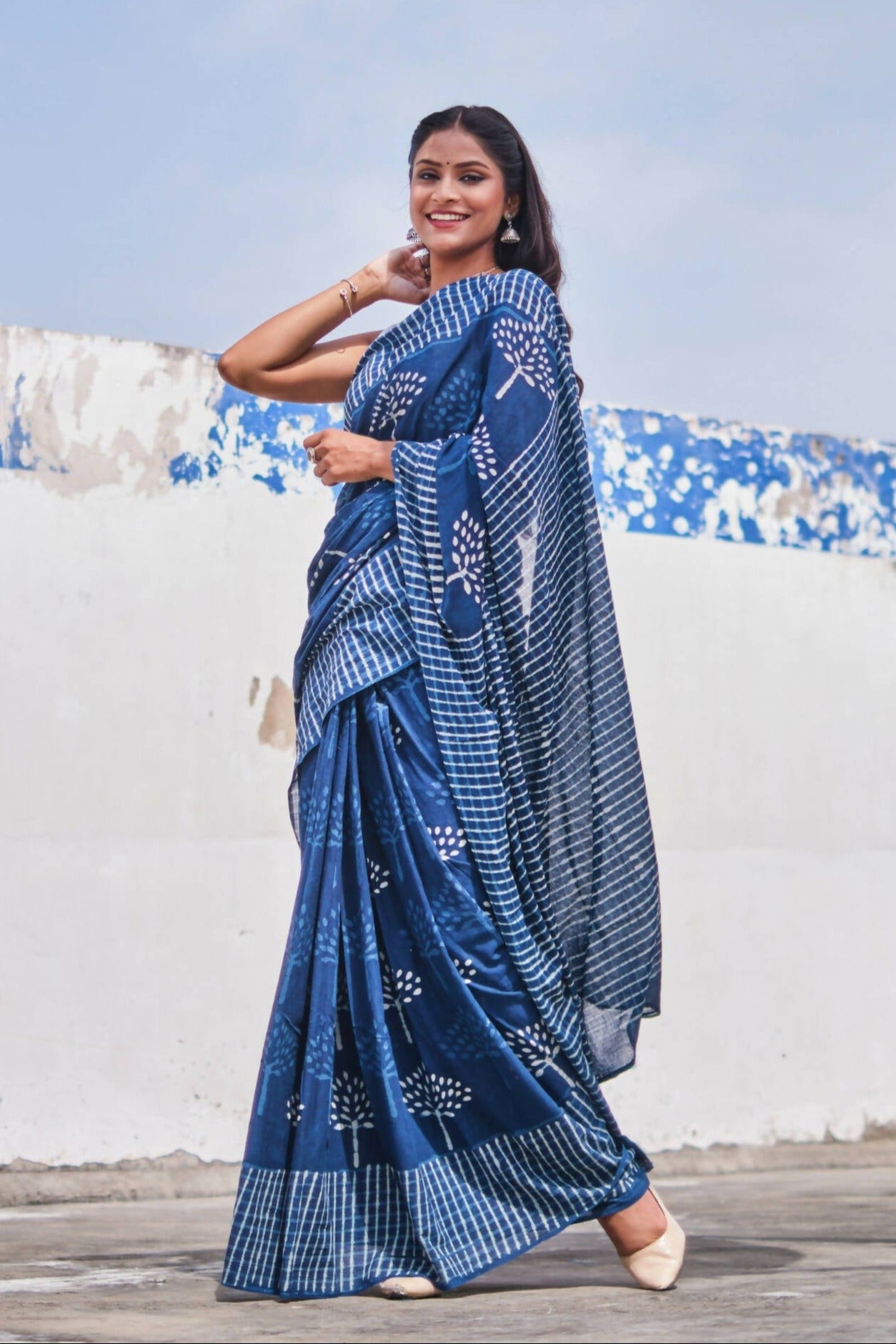 Indigo Spells - Dabu Hand Block Print Mulmul Cotton Bagru Saree