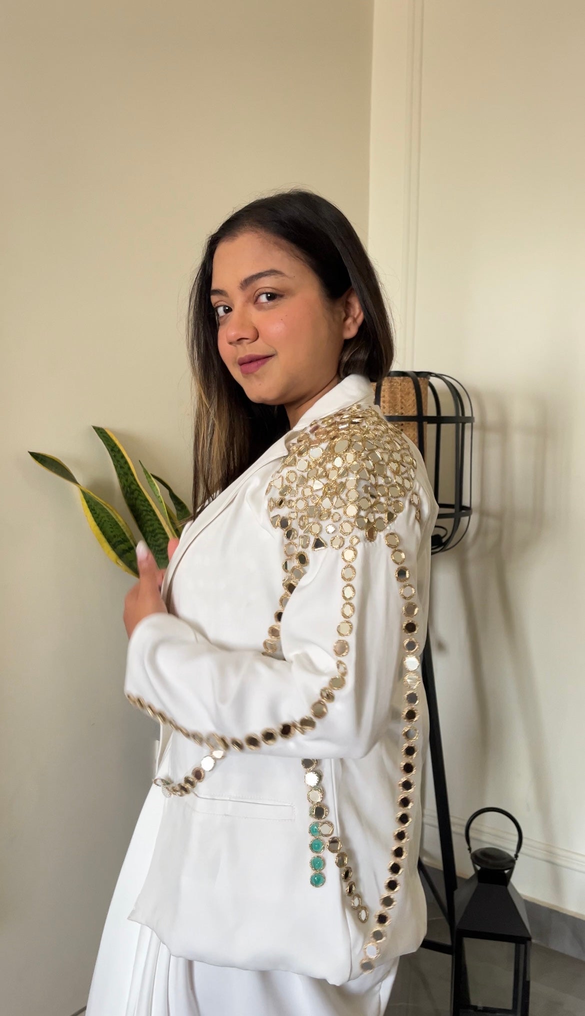 2 Piece White Cotton Co-ord Set with Mirror Work