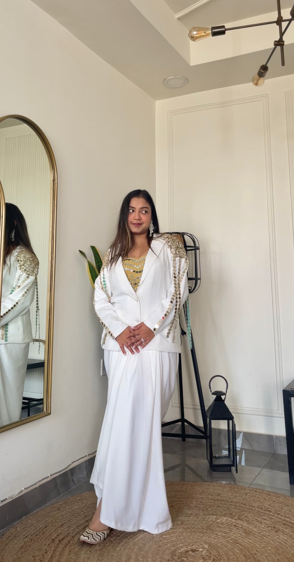 2 Piece White Cotton Co-ord Set with Mirror Work