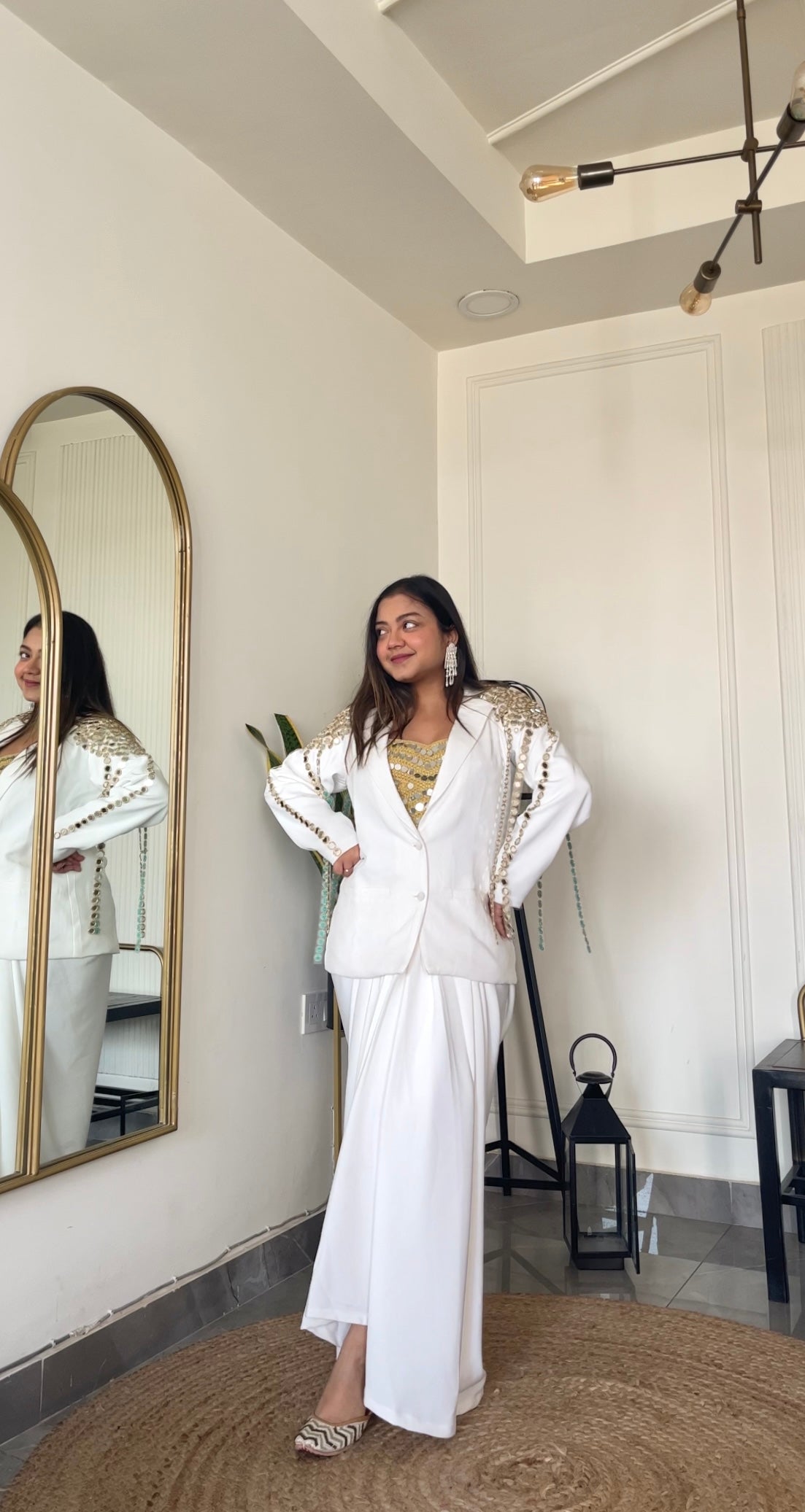 2 Piece White Cotton Co-ord Set with Mirror Work