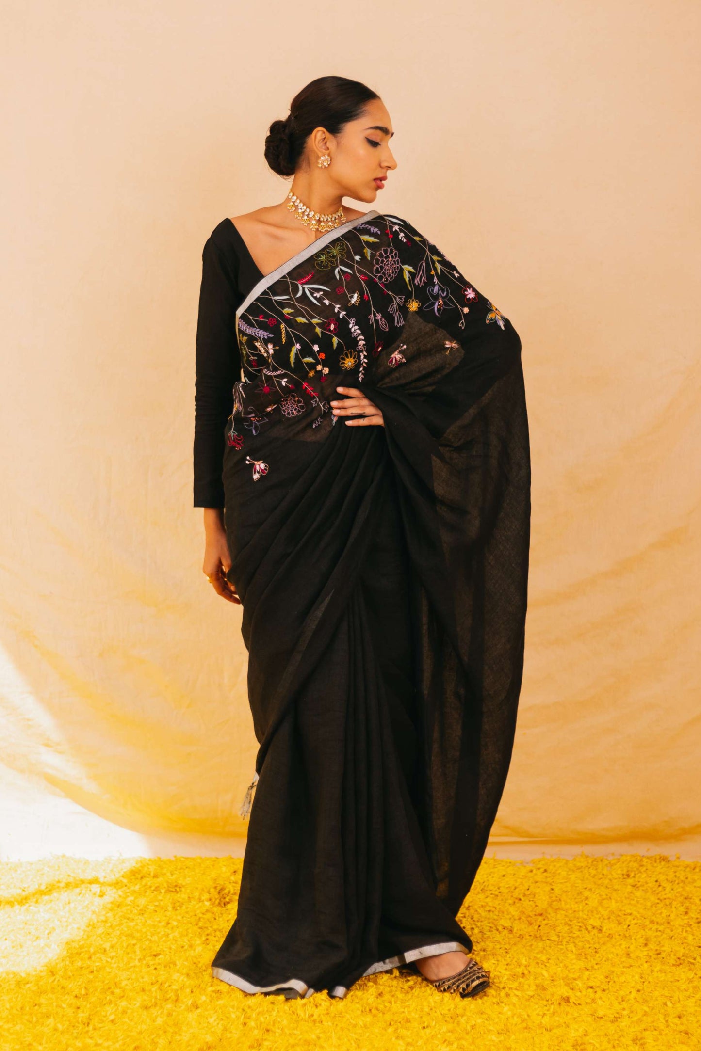 Shiuli Black Linen Saree