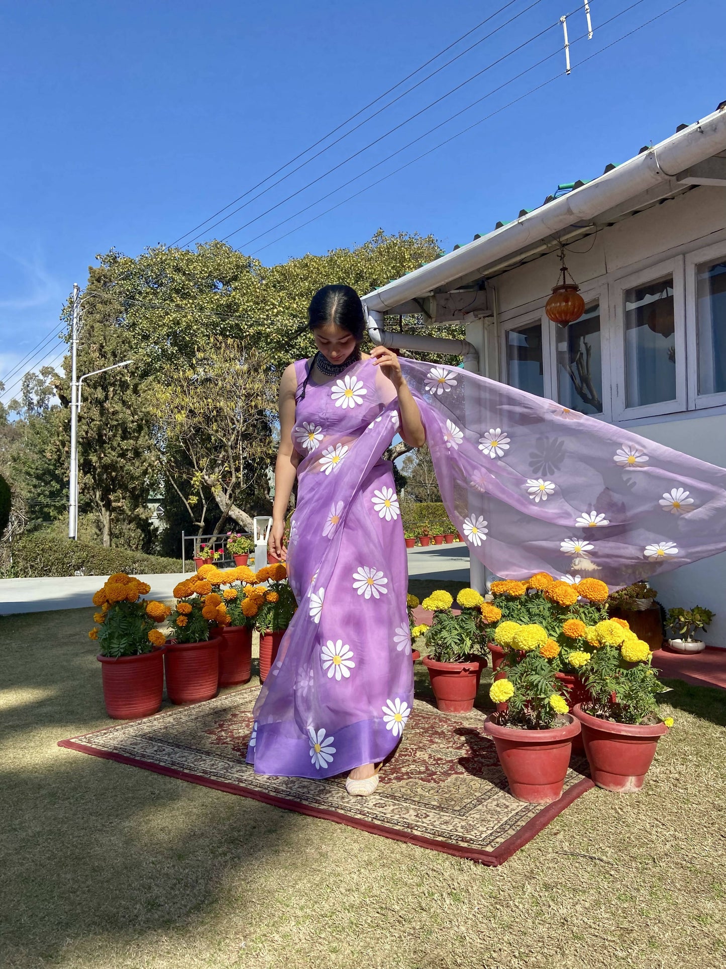 Lavender Daisy Handpainted Organza Saree