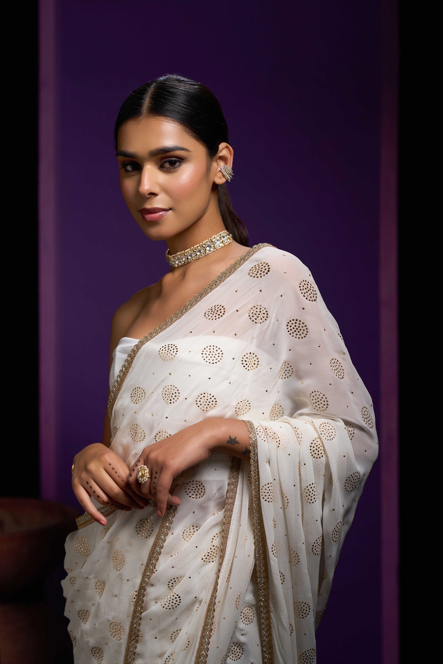 Jasmine With Gold Gota Border Saree
