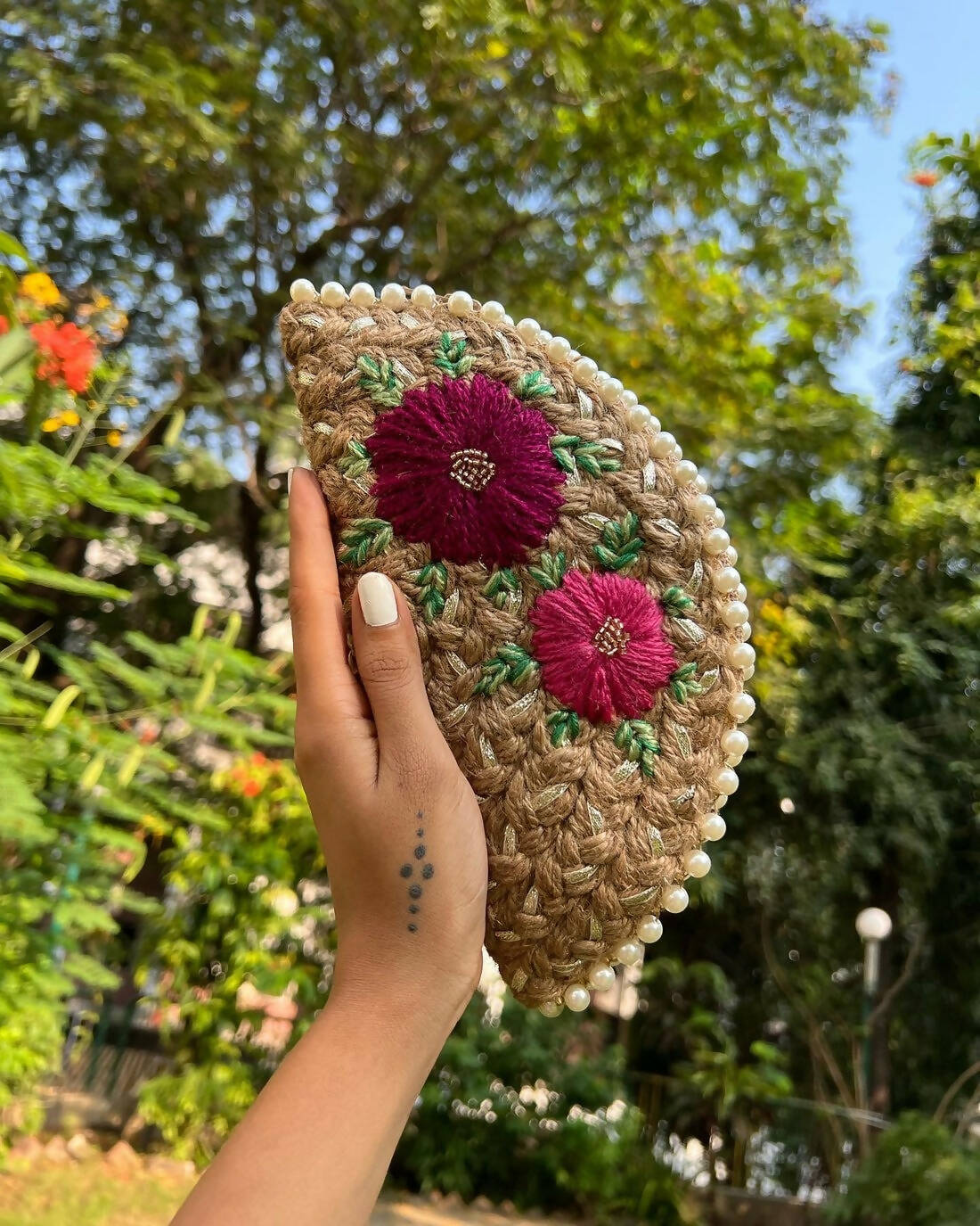 Dual Flower Embroidered Half Moon Clutch