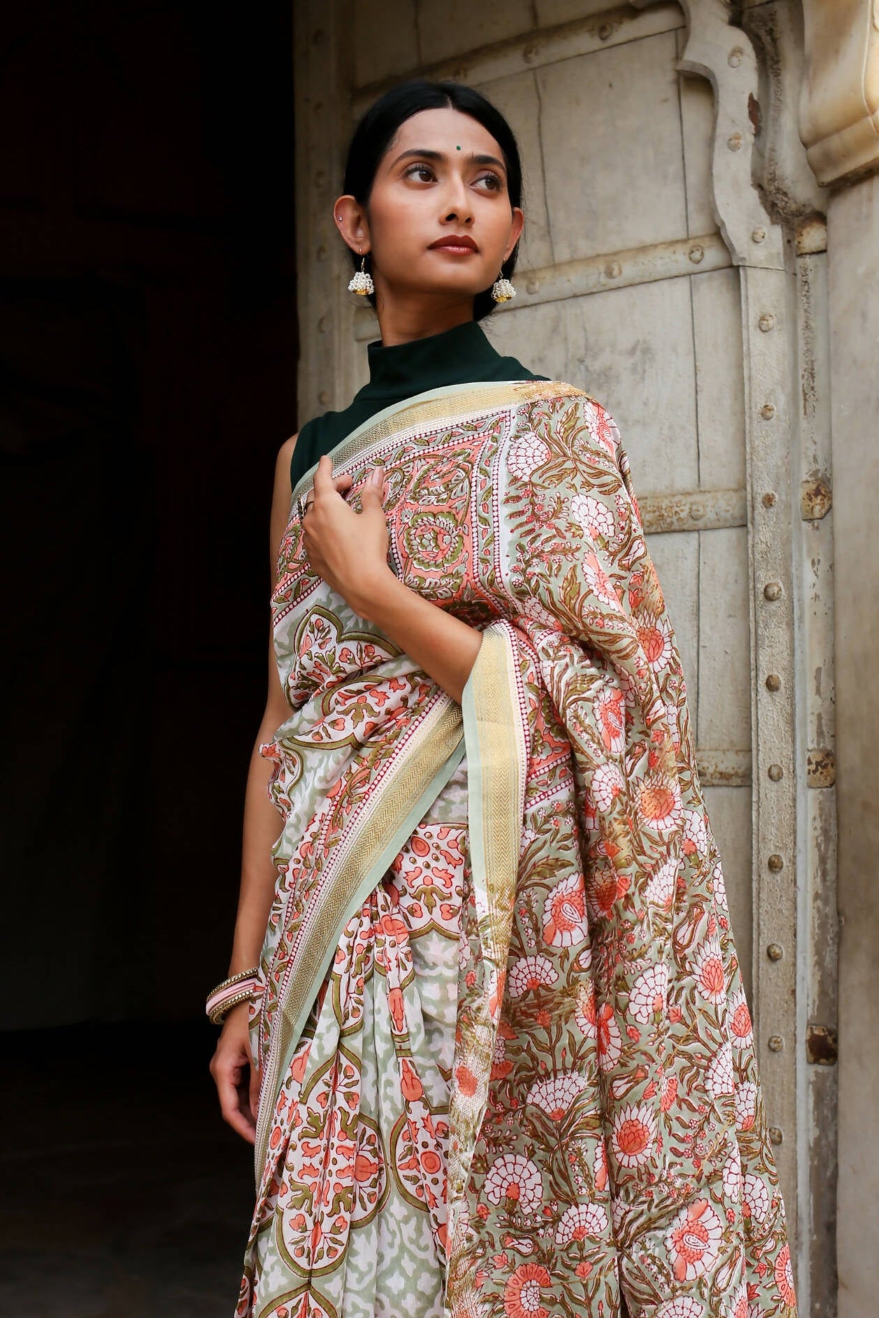 Garden of Symphony - Hand Block Print Maheshwari Silk Saree
