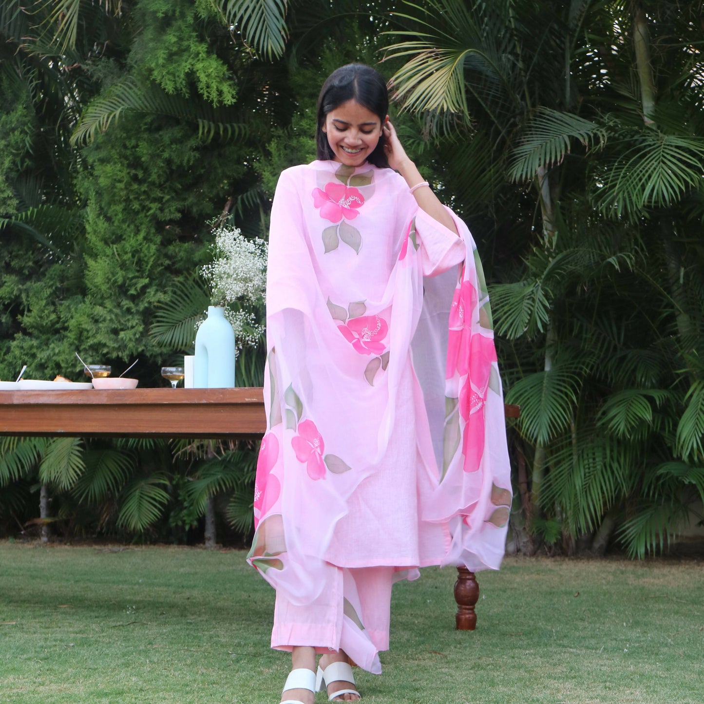 Hibiscus Suit Set with Hand-painted Dupatta