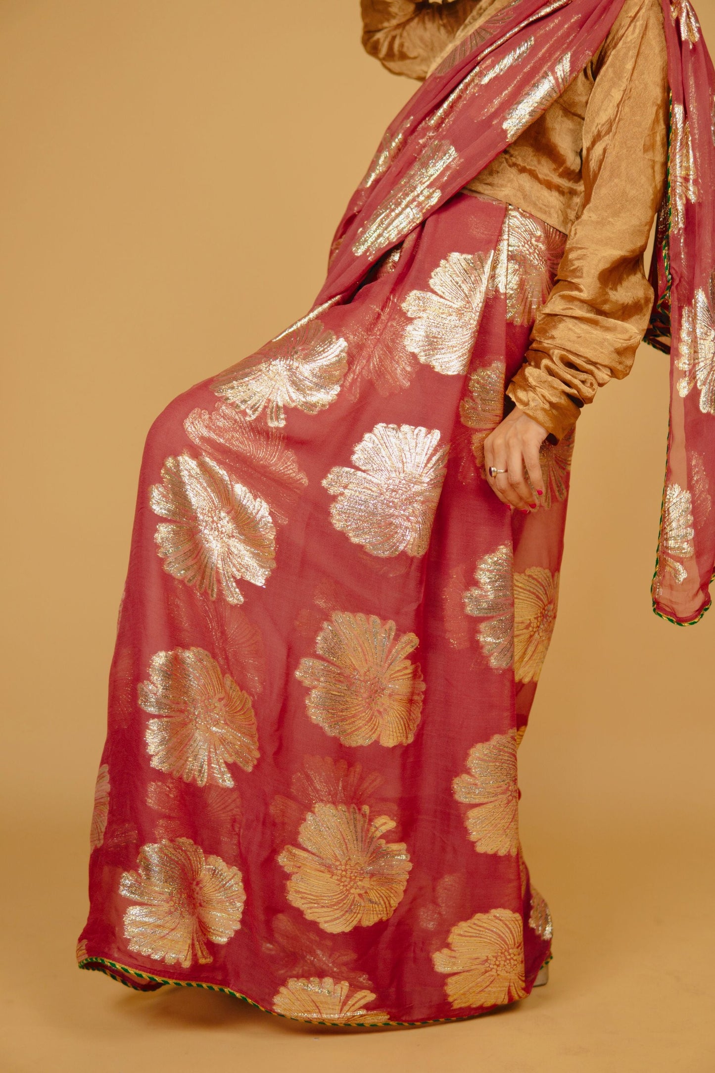Faria Sitara Gold & Green Lace Border Saree
