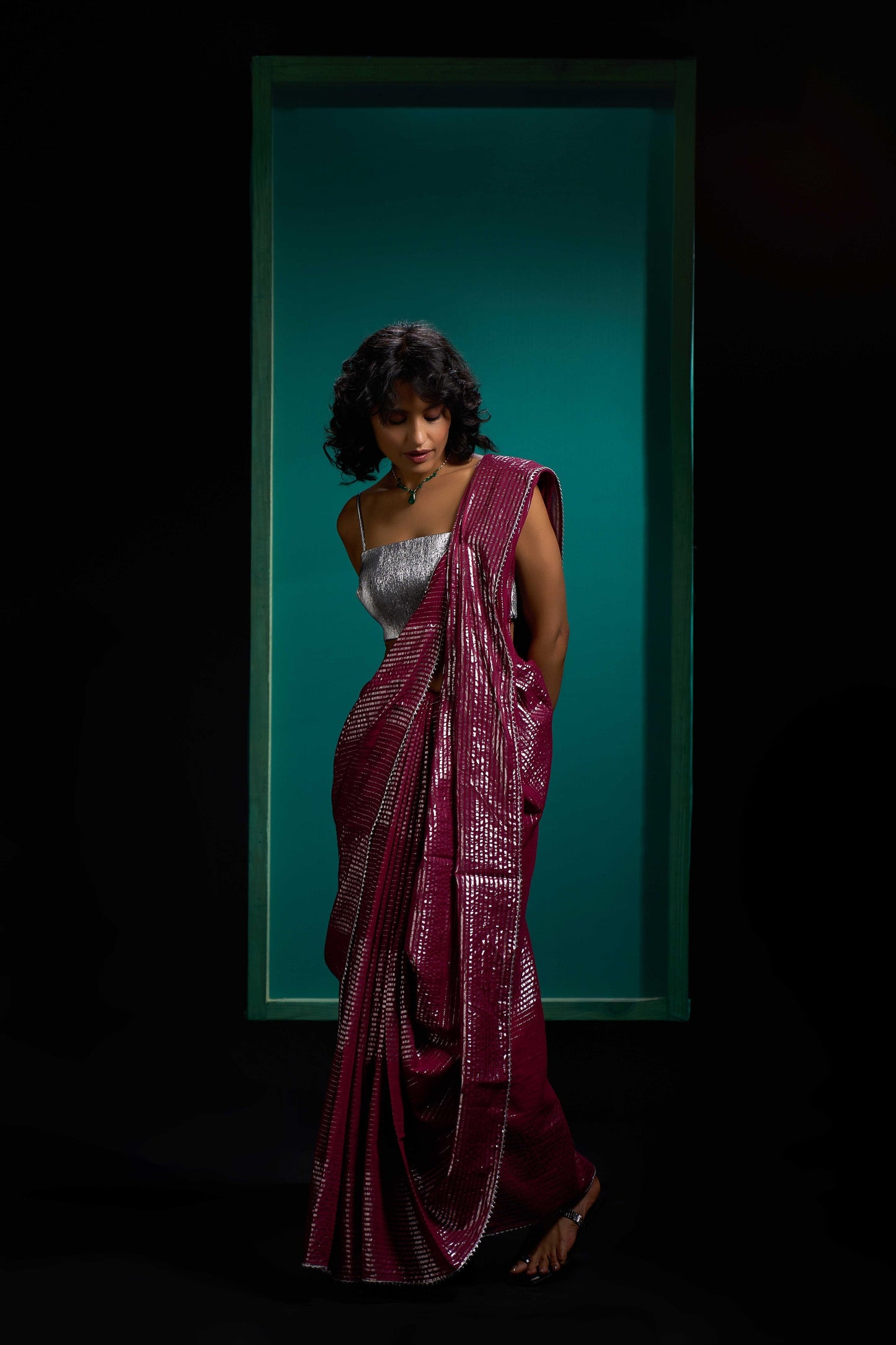 Wine Shine Silver Gota Border Saree