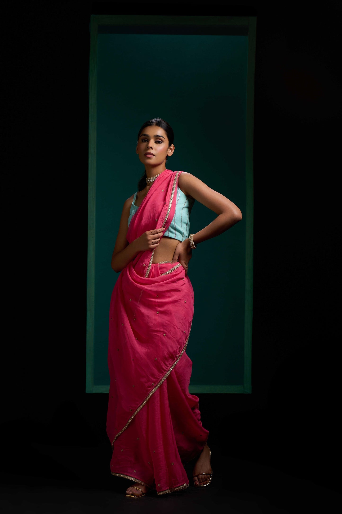 Noori Rose Pink Organza Handwork Saree