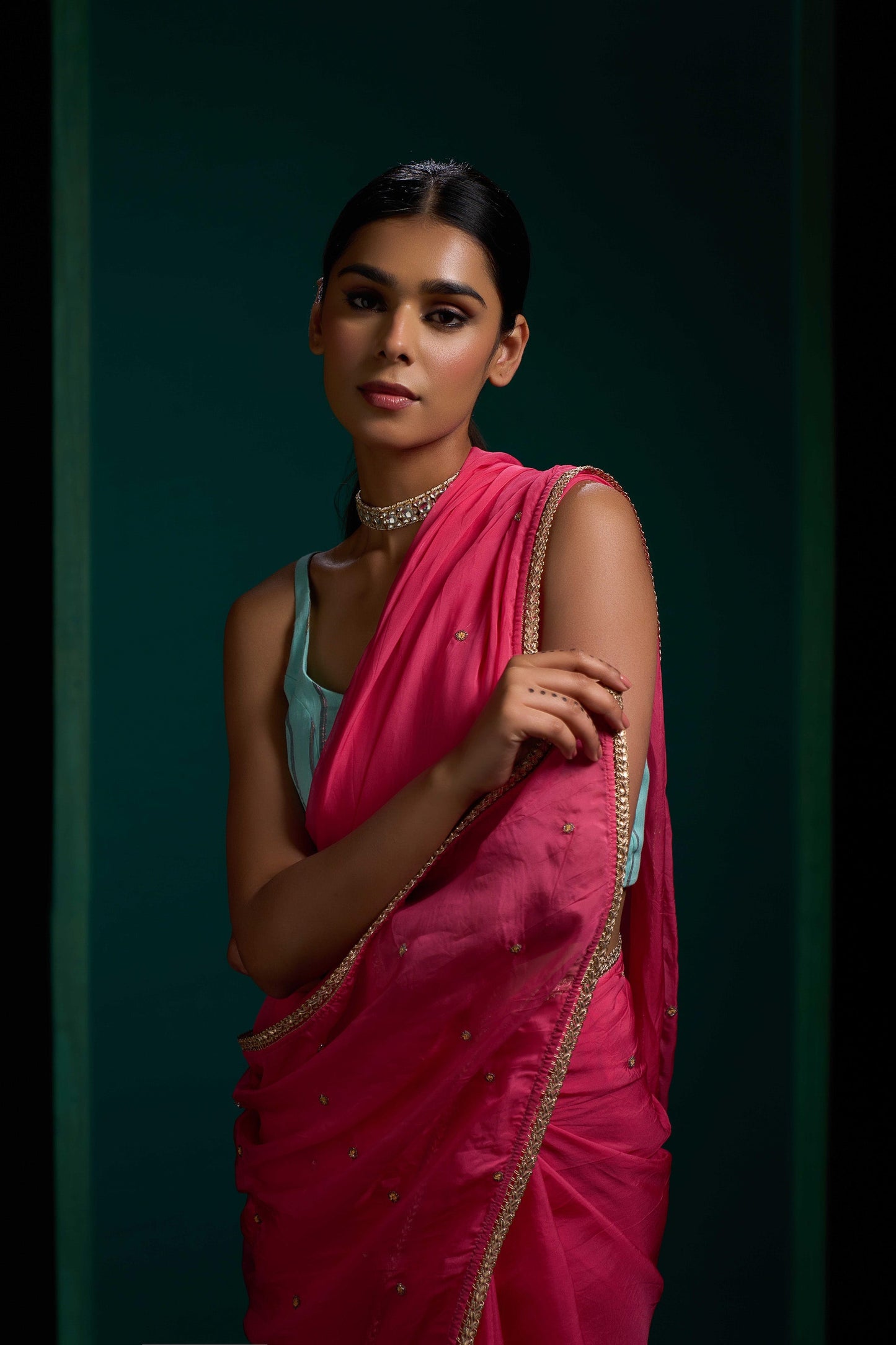 Noori Rose Pink Organza Handwork Saree