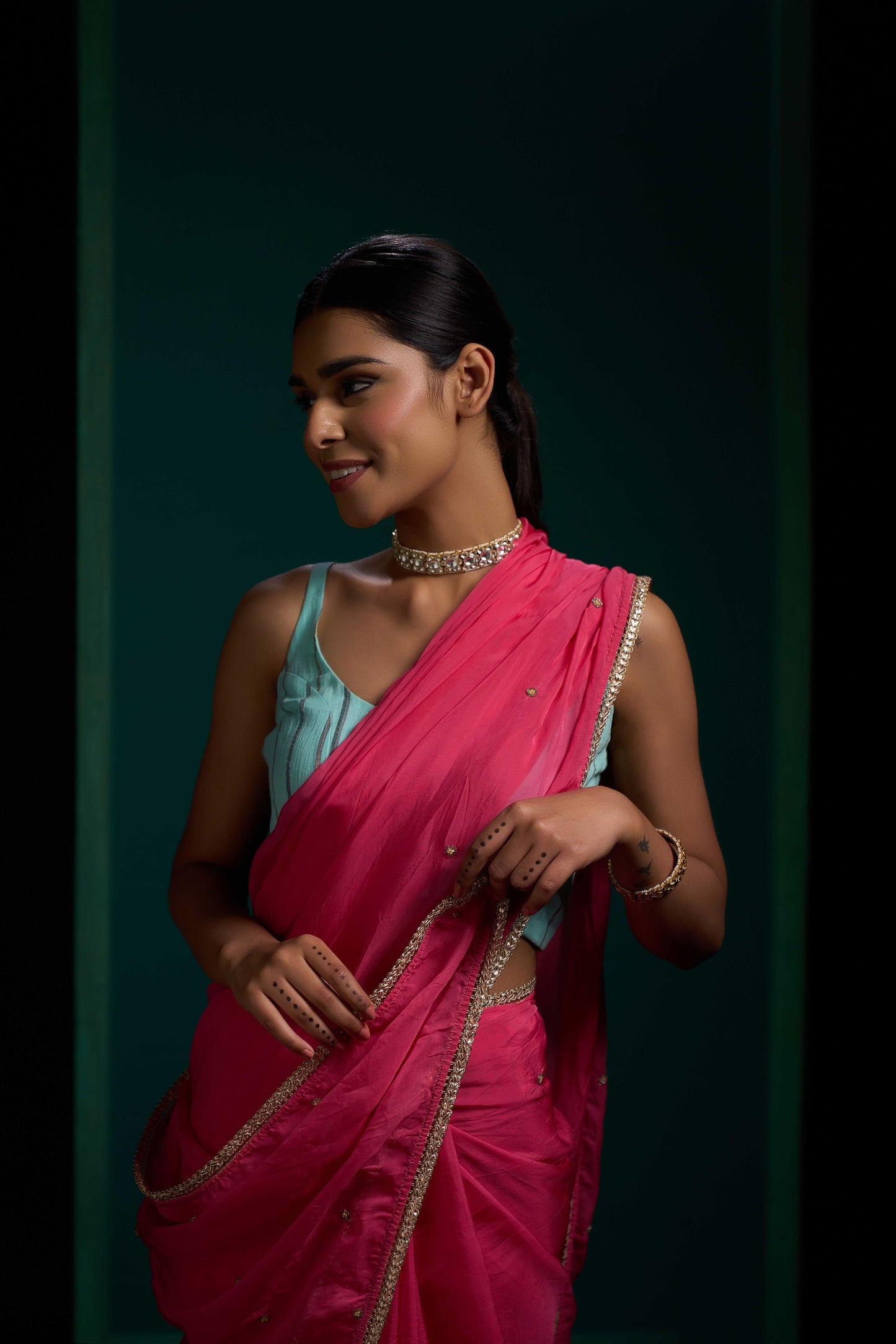 Noori Rose Pink Organza Handwork Saree