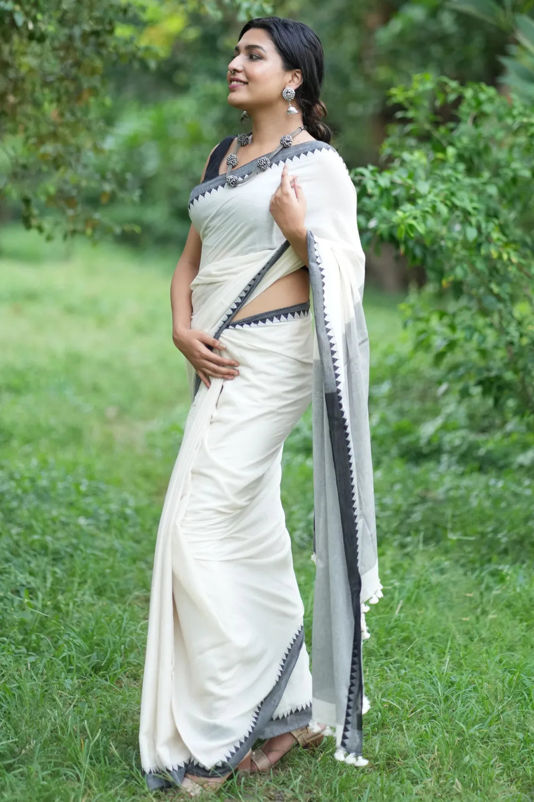 Winter Frost White Saree with Black Border