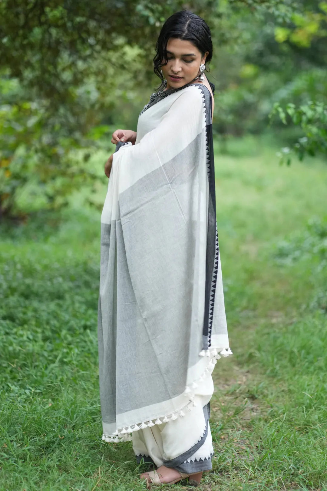 Winter Frost White Saree with Black Border