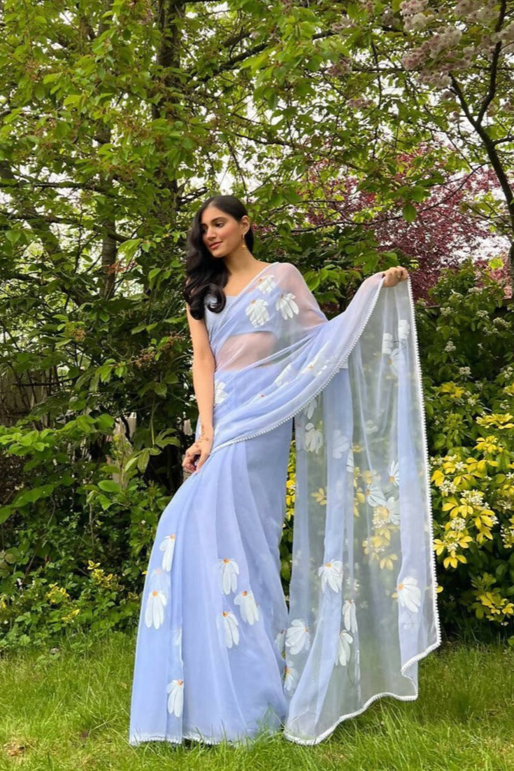 Ash Blue Half-Daisies Chiffon Saree