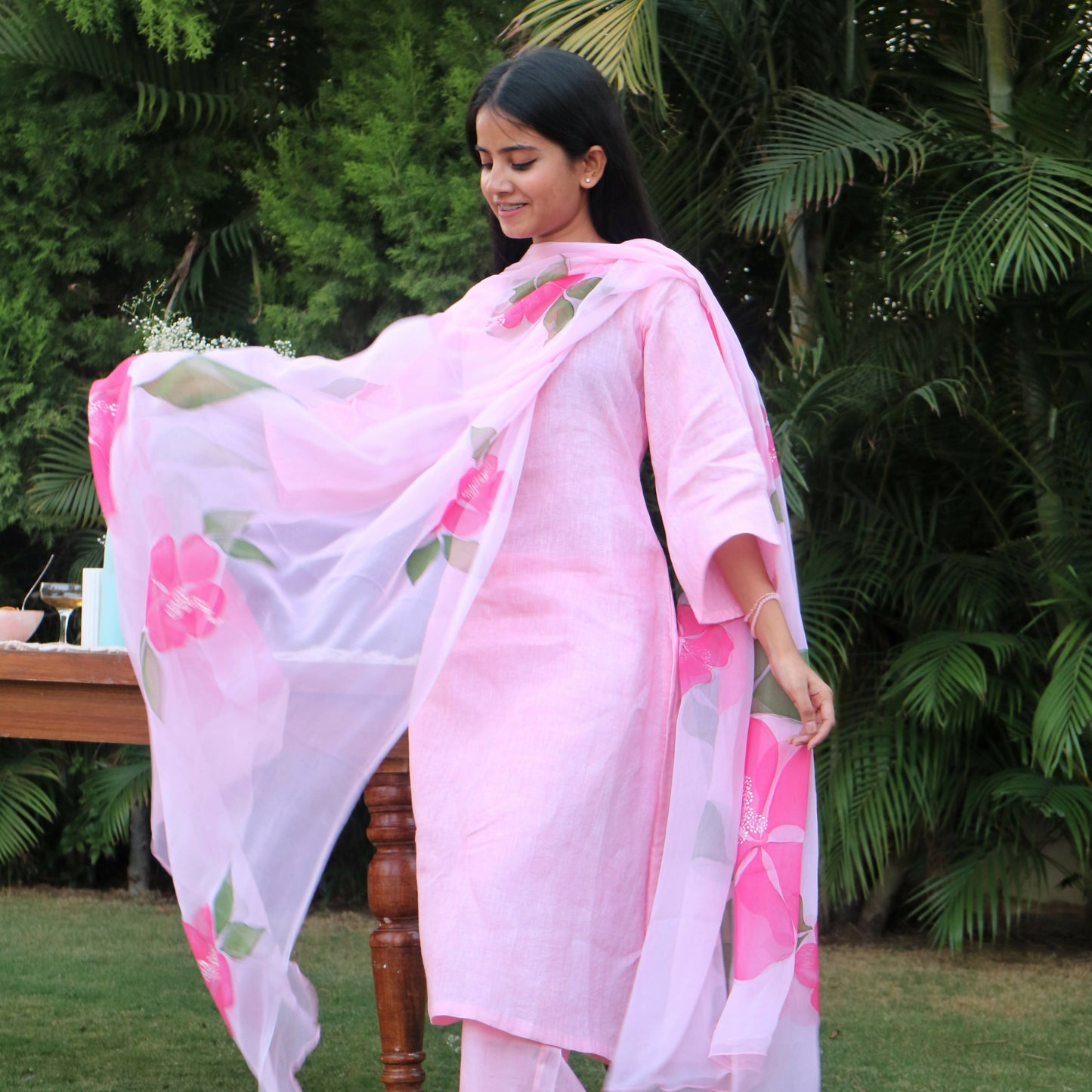 Hibiscus Suit Set with Hand-painted Dupatta
