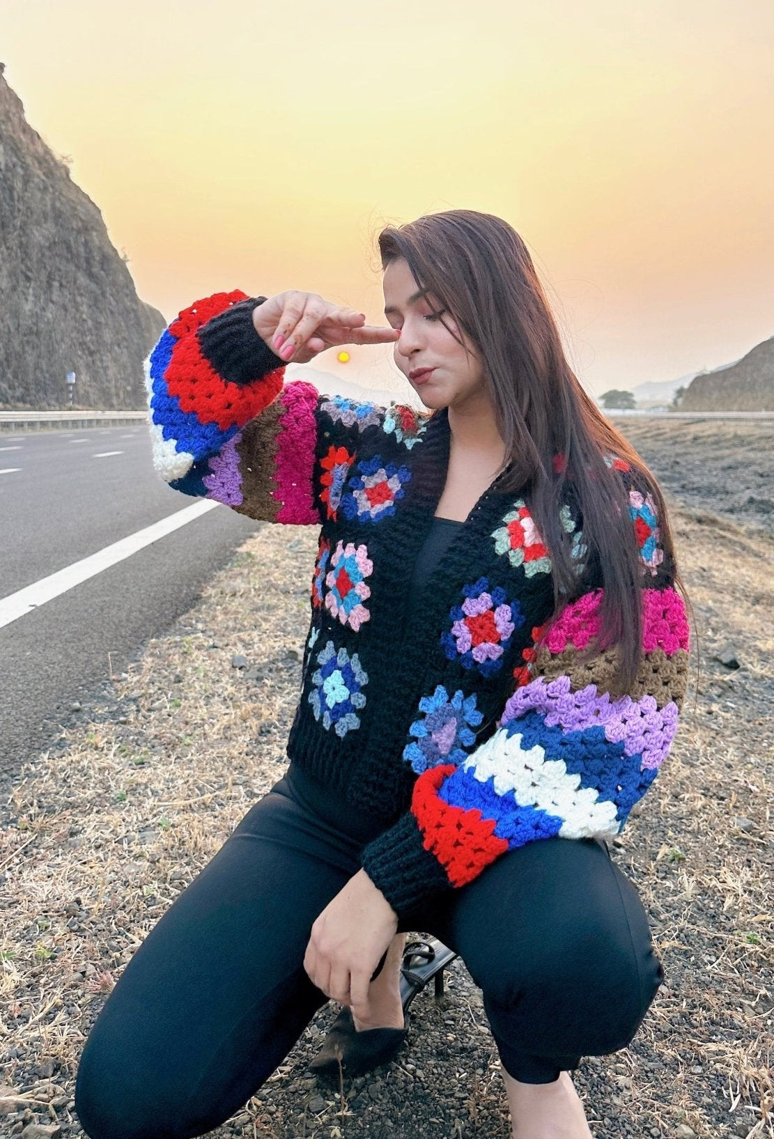 Black Granny-Square With Guth Sleeve Crochet Cardigan