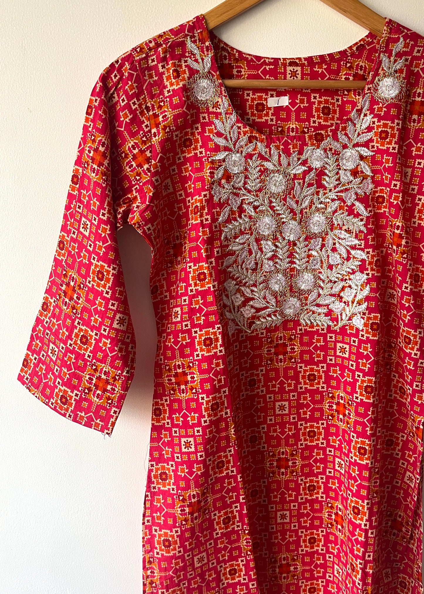 Long Kurta with Embroidered Yoke - Rani Pink