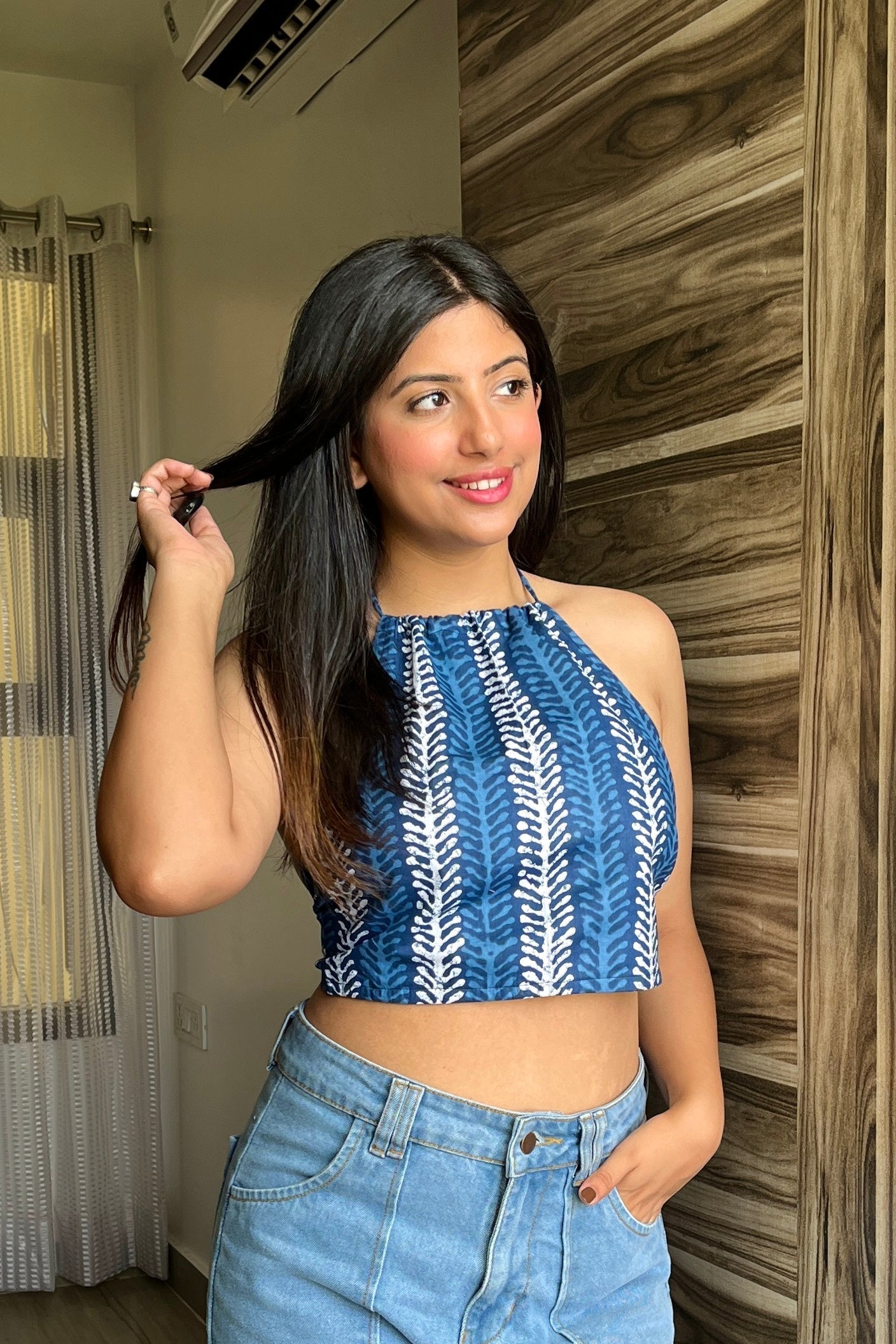 Cotton Halter Neck Top - Indigo Garden