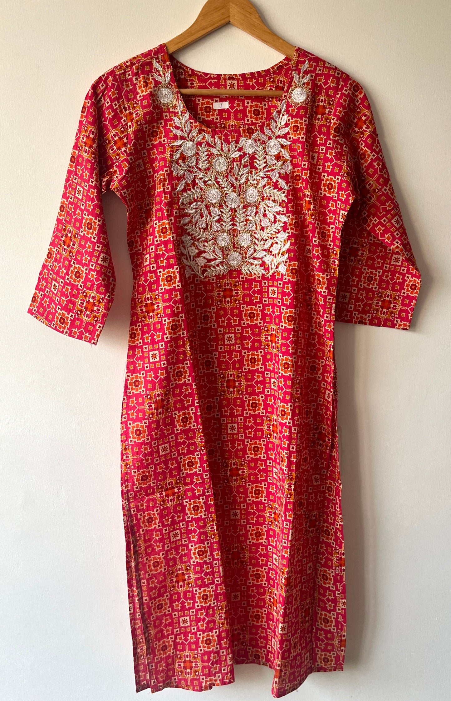 Long Kurta with Embroidered Yoke - Rani Pink