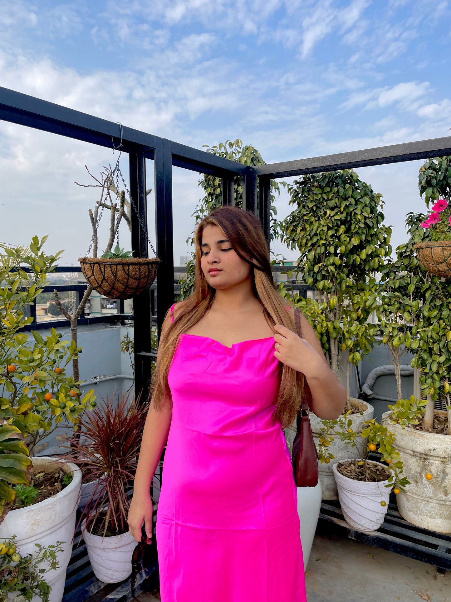 Satin Hot Pink Slit dress