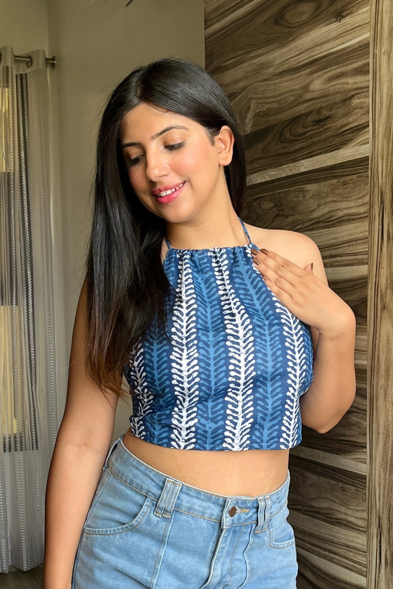 Cotton Halter Neck Top - Indigo Garden