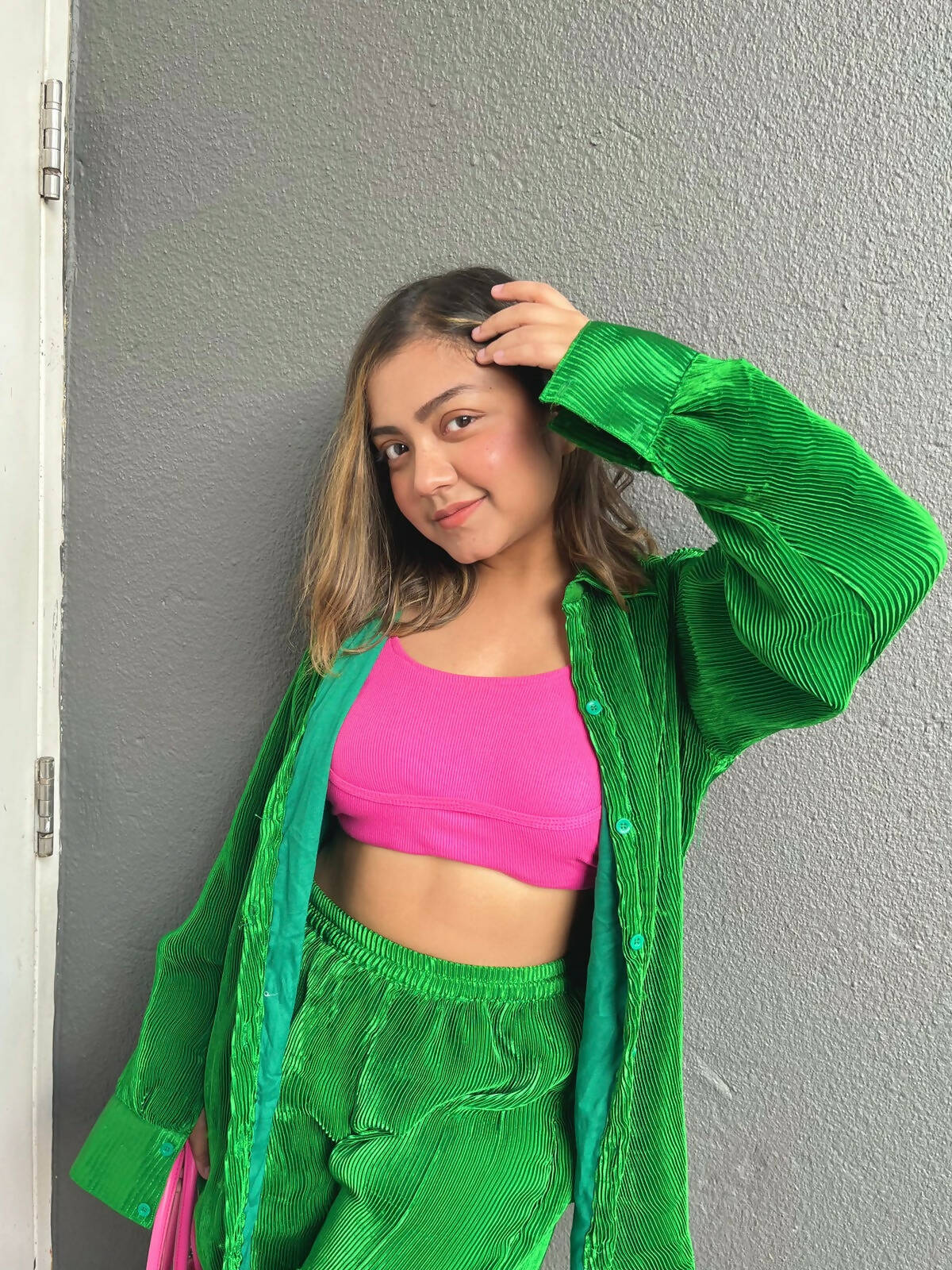 Pleated Hot Green Coord Set