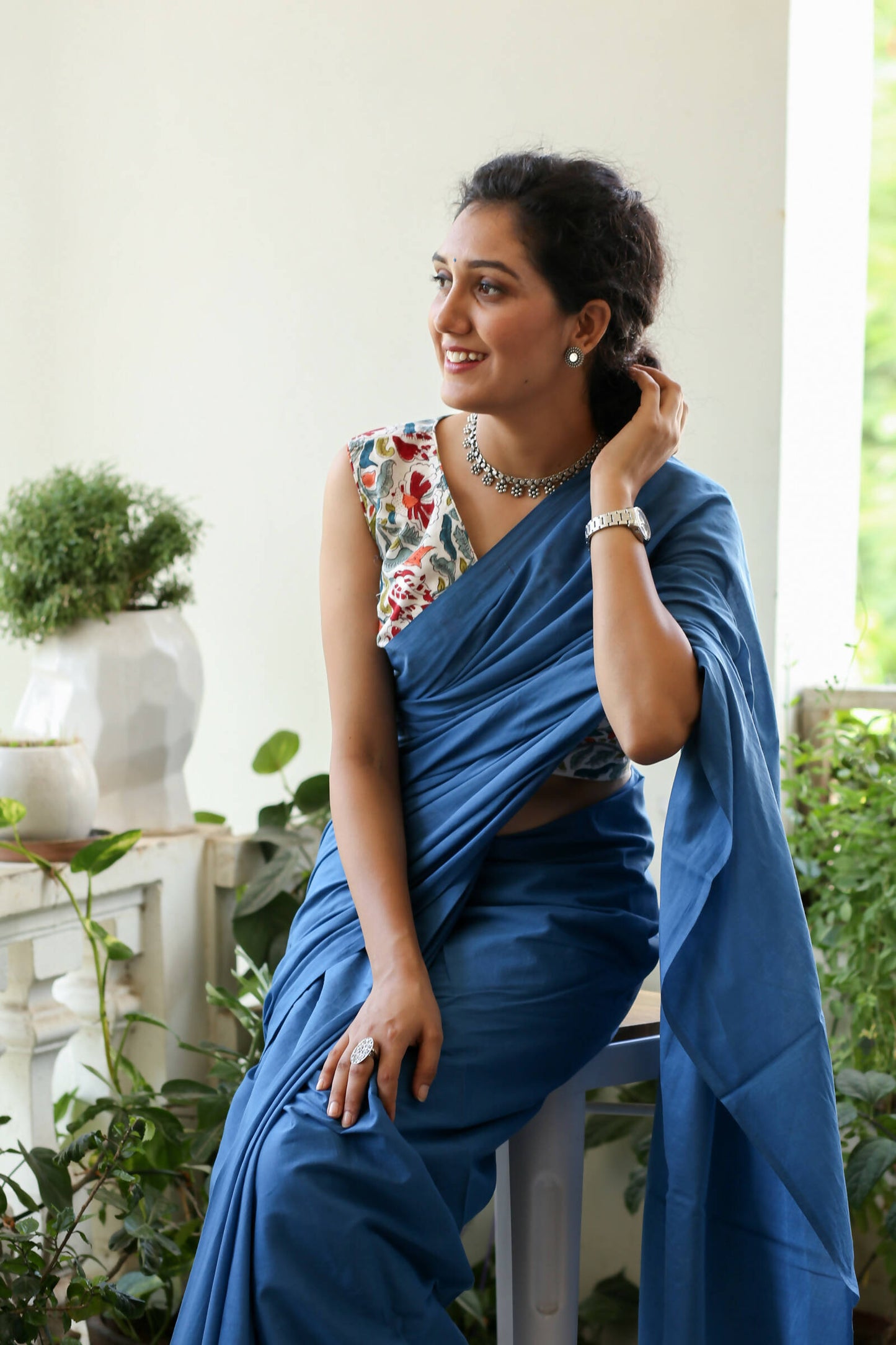 Blue Sapphire - Blue Mulmul Cotton Saree with Tassels