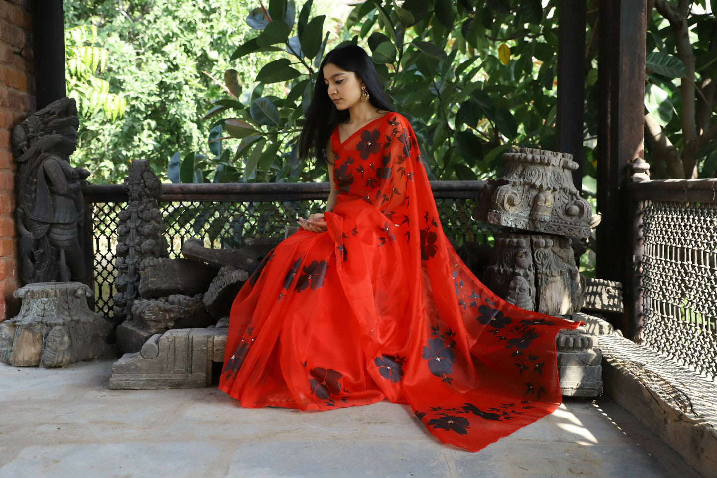 Red Base Organza Hand-Painted Saree