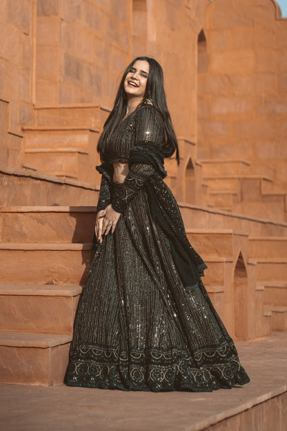 Black Shimmer Chikankari Lehenga