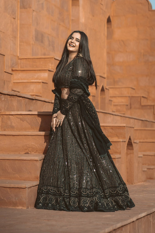 Black Shimmer Chikankari Lehenga