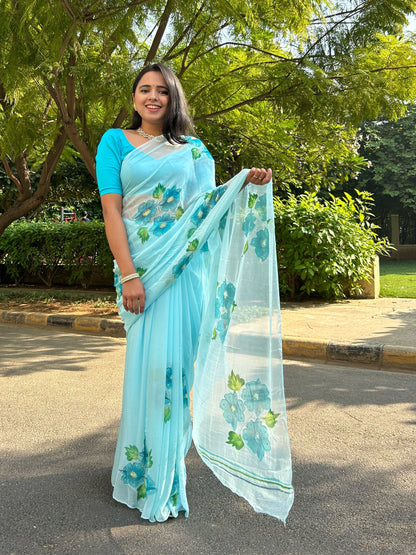 Gudhal ka Phool - Hand Painted Pre Pleated Chiffon Saree