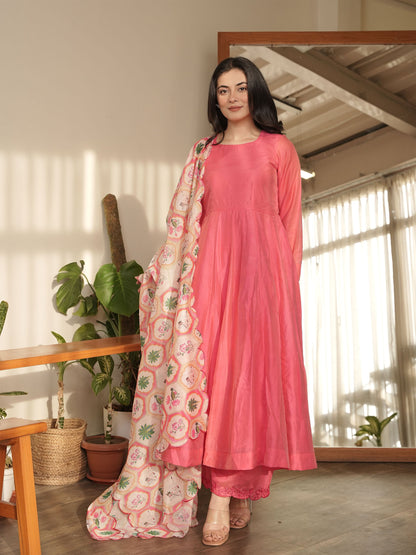Jaana Pink Chanderi Anarkali Suit with Aari Embroidery & Digital Print Floral Jaal Dupatta